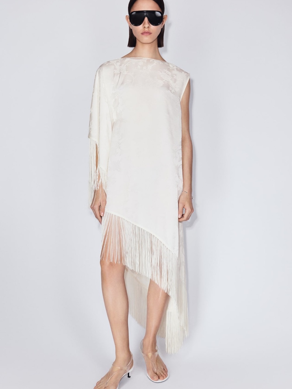 H&M Cream Fringed One-Shoulder Asymmetric Kaftan Midi Dress - Large NWT - Picture 2 of 7